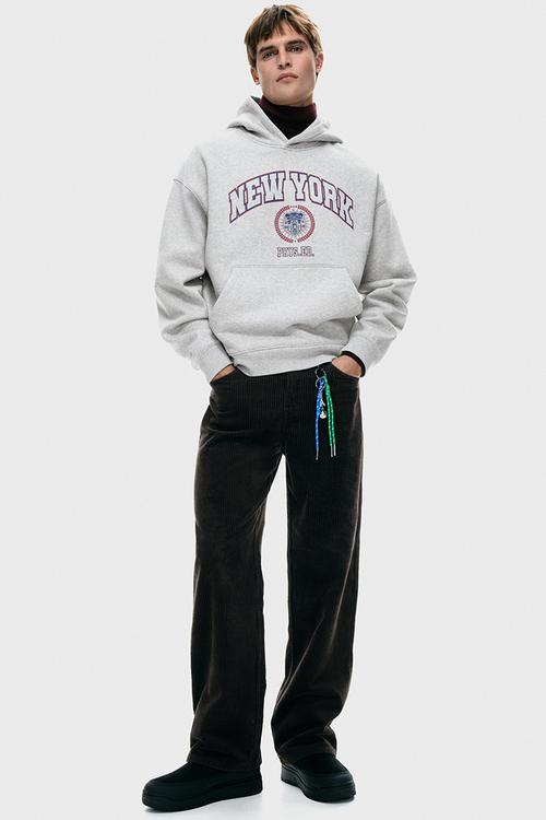 Loose fit printed hoodie - grey marl/new york