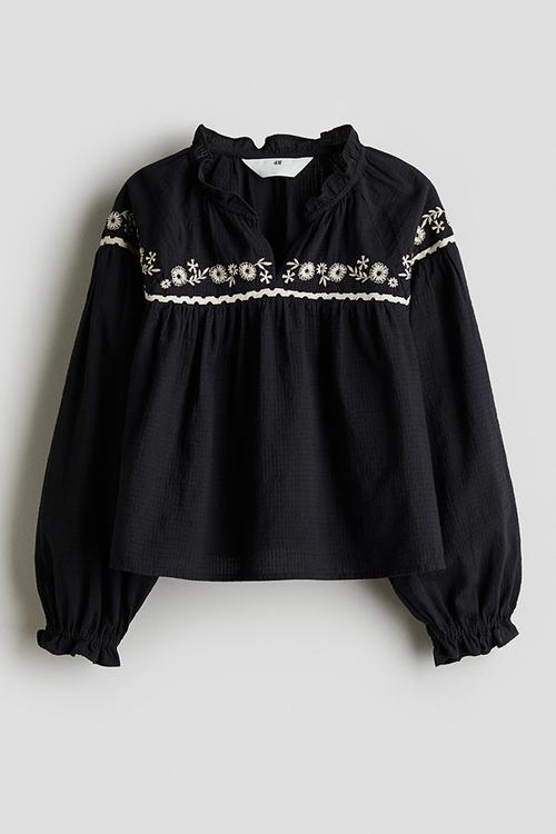 Embroidered cotton blouse - black/flowers