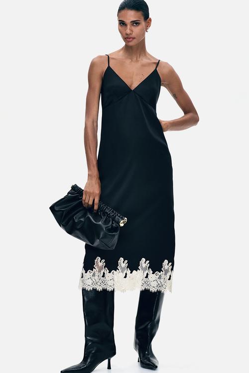 Lace-trimmed satin dress - black/cream