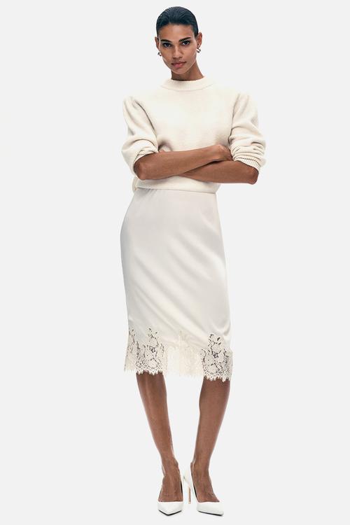 Lace-trimmed midi skirt - cream