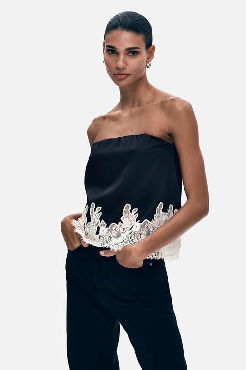 Lace-trimmed bandeau top - black/cream