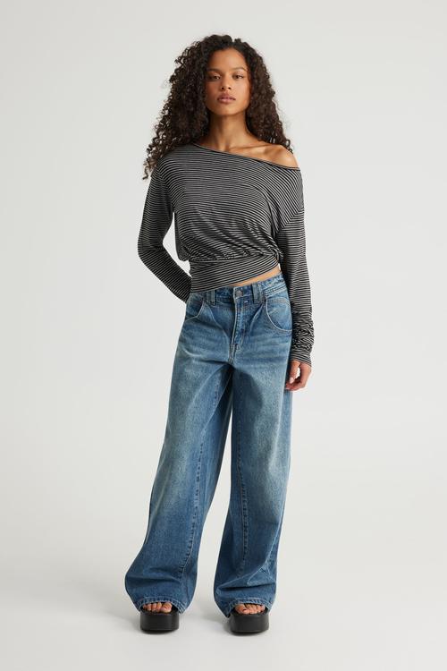 Long Sleeve Off Shoulder Top - Black/Gunmetalmarle Stripe