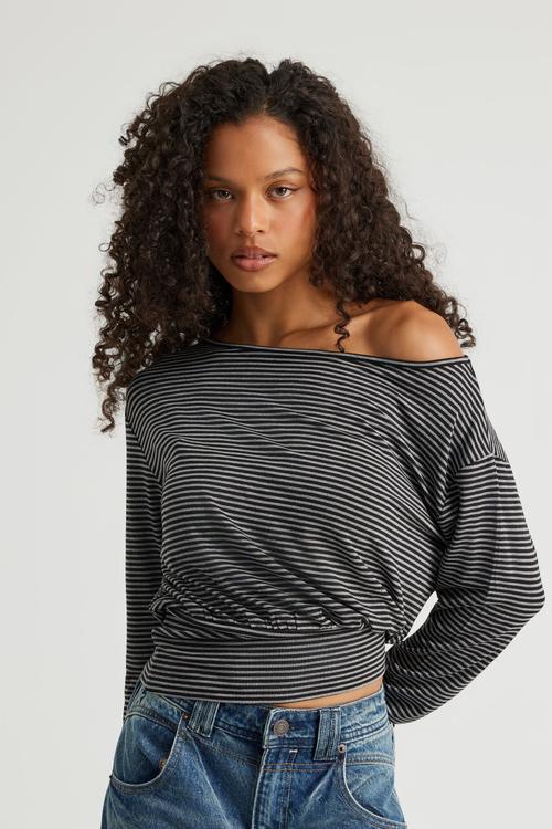 Long Sleeve Off Shoulder Top - Black/Gunmetalmarle Stripe