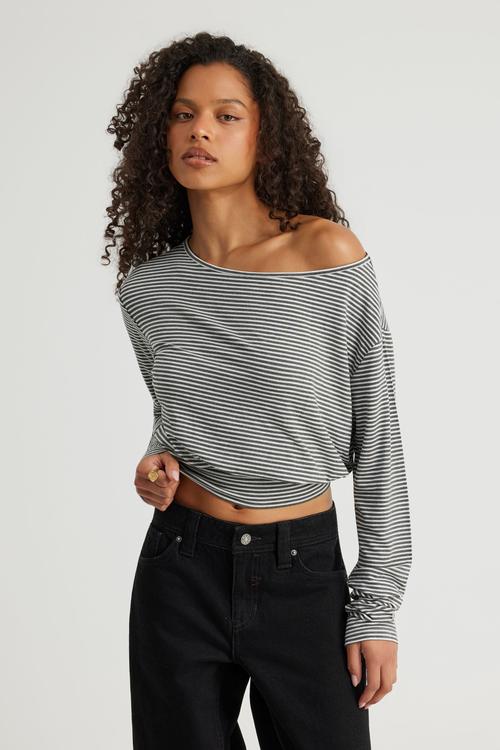 Long Sleeve Off Shoulder Top - Cloud/Gunmetal Marlestripe