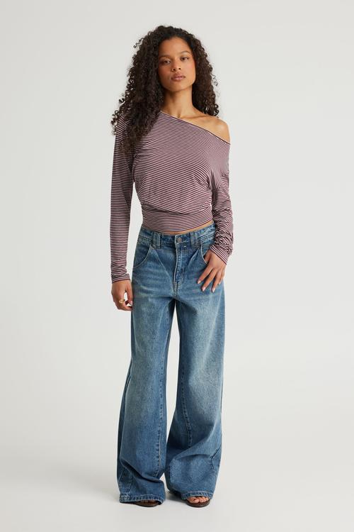 Long Sleeve Off Shoulder Top - Merlot/Grey Marle Stripe