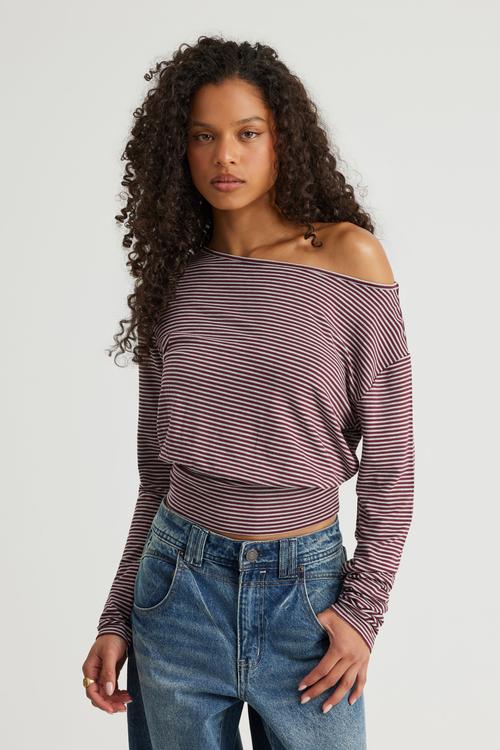 Long Sleeve Off Shoulder Top - Merlot/Grey Marle Stripe
