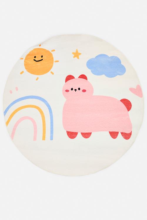 Printed circular plush rug - off white/multi
