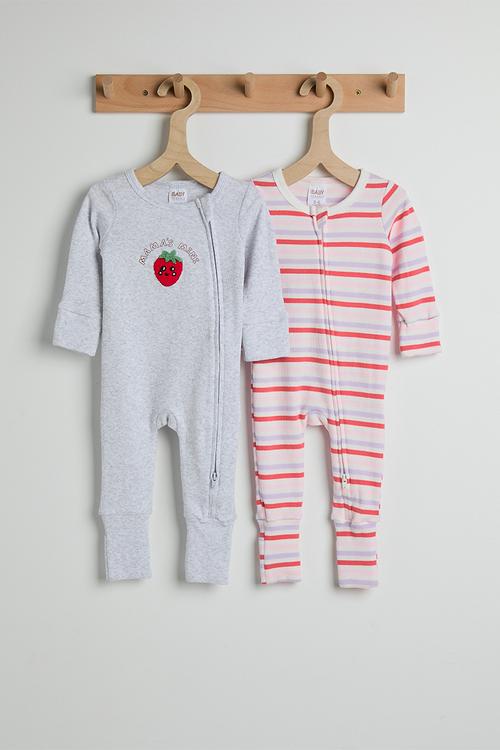 2 Pack The Long Sleeve Zip Romper - Vanilla/Coral Stripe & Snow Marle/Mama'S Mini