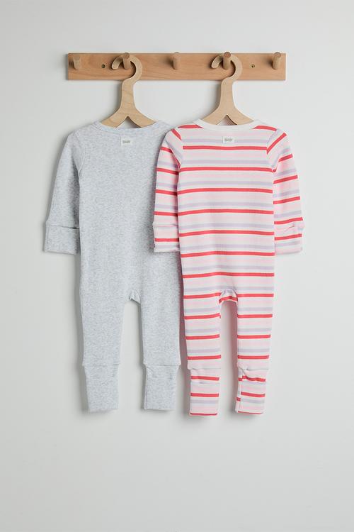 2 Pack The Long Sleeve Zip Romper - Vanilla/Coral Stripe & Snow Marle/Mama'S Mini