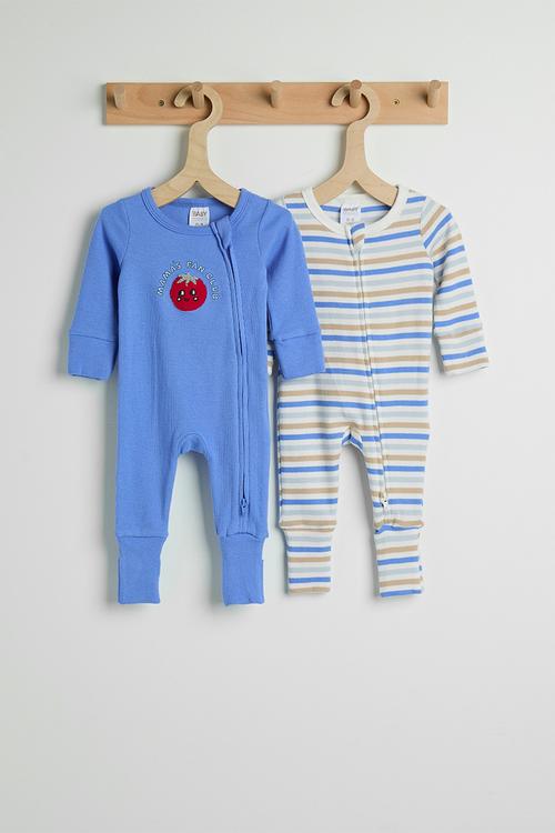 2 Pack The Long Sleeve Zip Romper - Vanilla/Blue Bonnet Stripe & Mama'S Fan Club