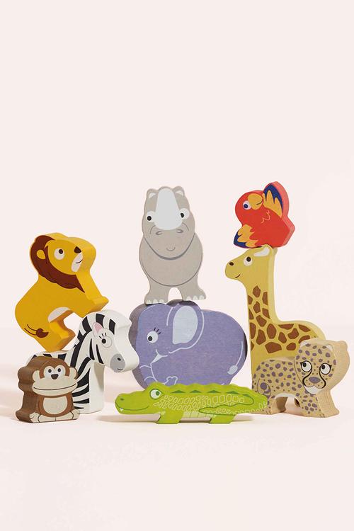 Wooden Stacking African Animals & Bag - 10pcs