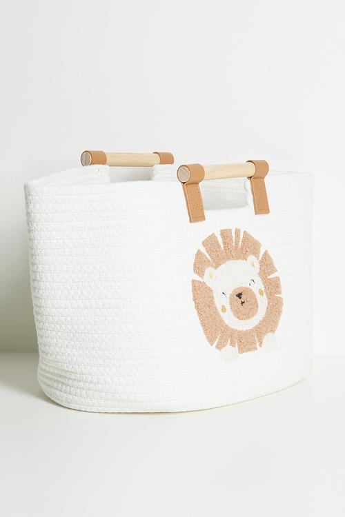 Lion straw laundry basket - white