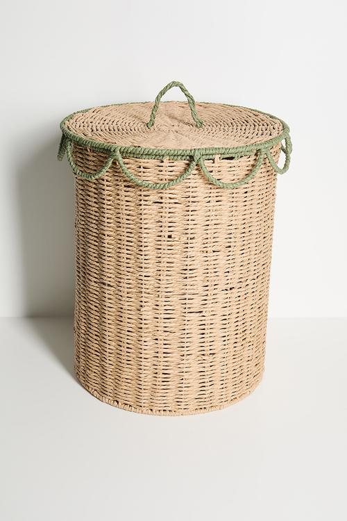 Scalloped lid laundry basket - natural/calm green