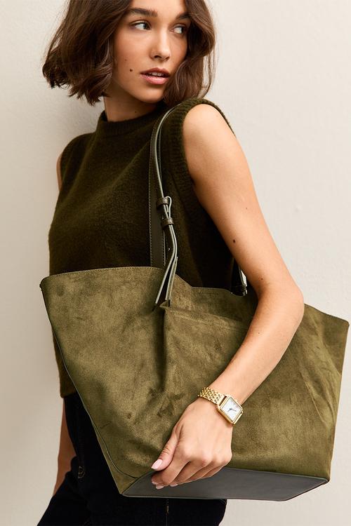 Perth pinch suedette tote-khaki - Green