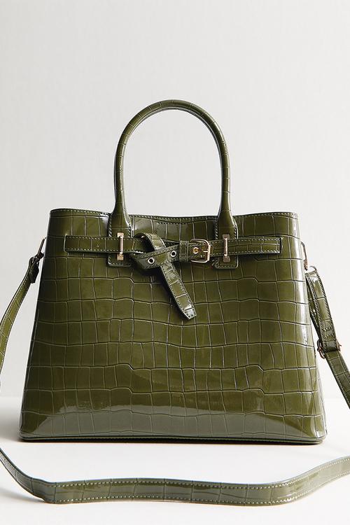 Anna buckle croc tote bag-black- Khaki