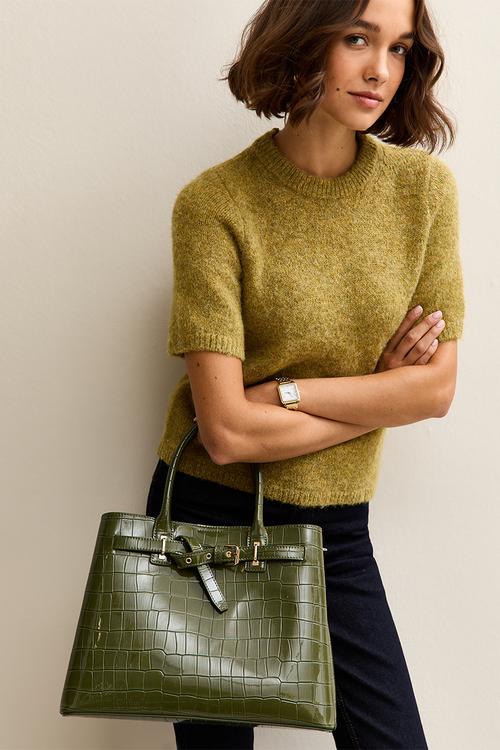 Anna buckle croc tote bag-black- Khaki