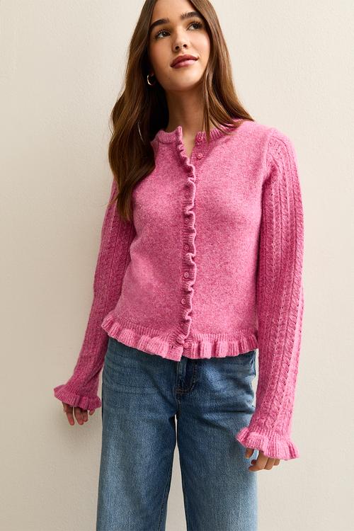 Ruffle cable knit cardigan - pink