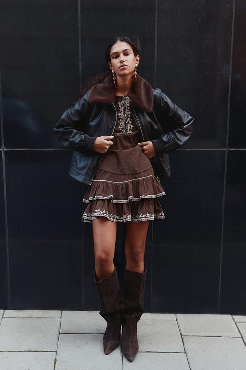Embroidered cotton skirt - brown