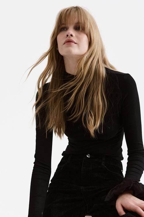 Ribbed jersey top - black