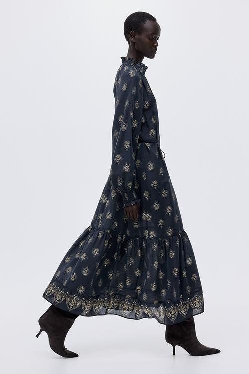 Smocked-detail dress - dark blue/patterned