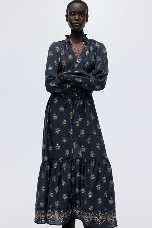 Smocked-detail dress - dark blue/patterned