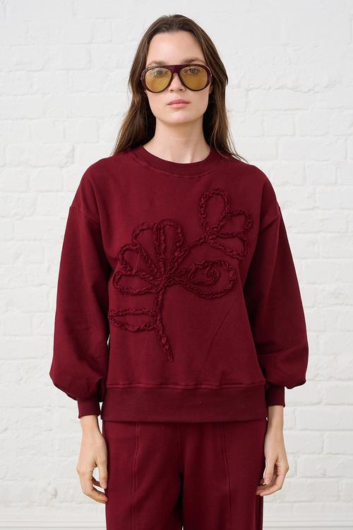 Sequined Flower Sweat Top - Burgundy