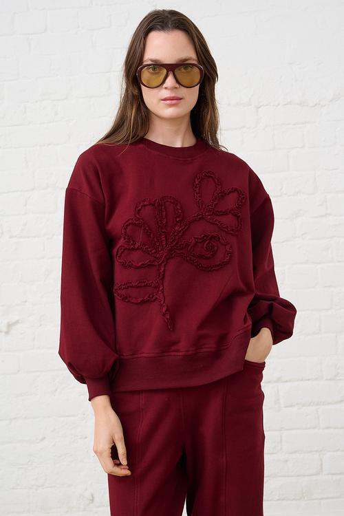 Sequined Flower Sweat Top - Burgundy
