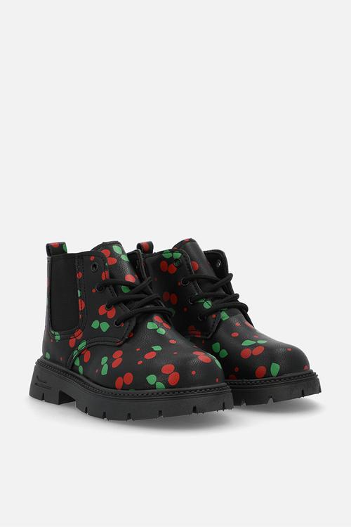 Cherry aop lace-up boots - black