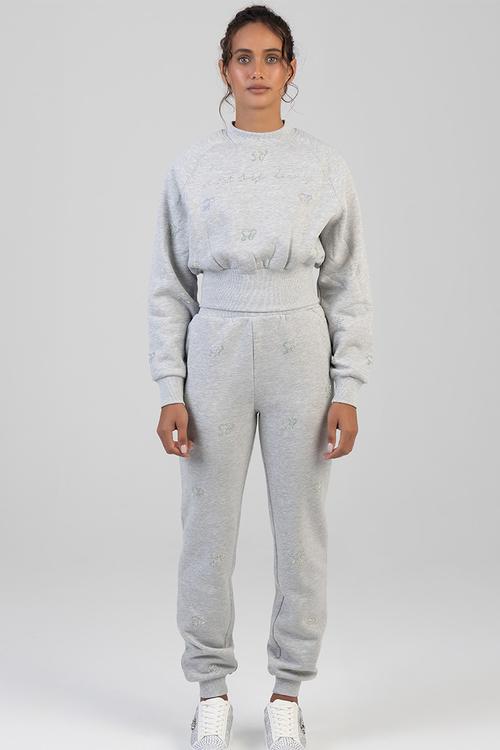 Running To You Cropped Sweat Top With All Over Bling Branding - Grey Melange