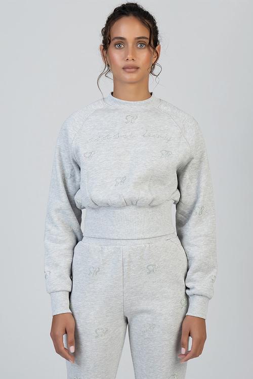 Running To You Cropped Sweat Top With All Over Bling Branding - Grey Melange