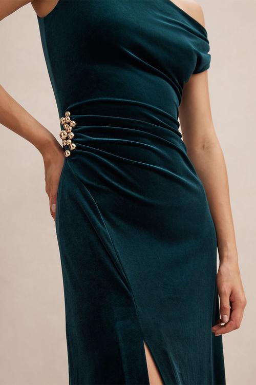 Winslet off shoulder velvet dress in dark green