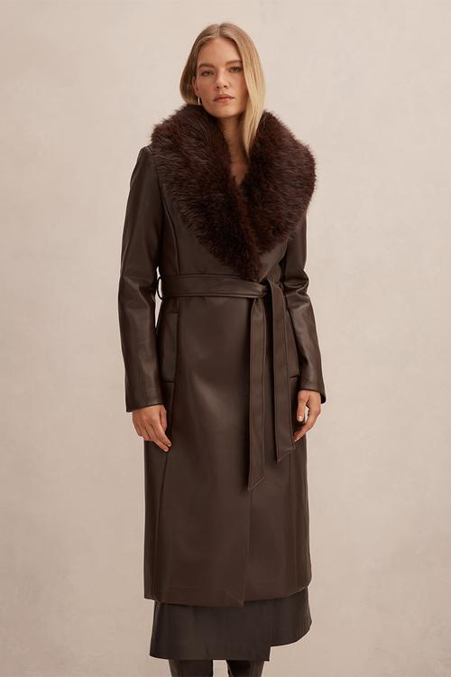 Faith Faux Fur Collar Pu Trench Coat in Milk Chocolate