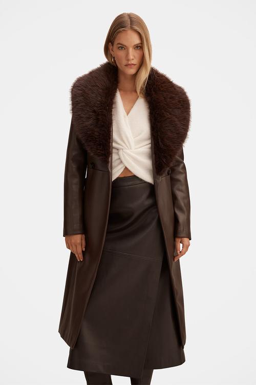 Faith Faux Fur Collar Pu Trench Coat in Milk Chocolate