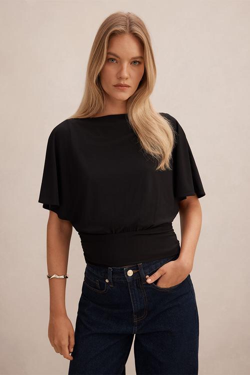 Piper cinched flutter sleeve top in black