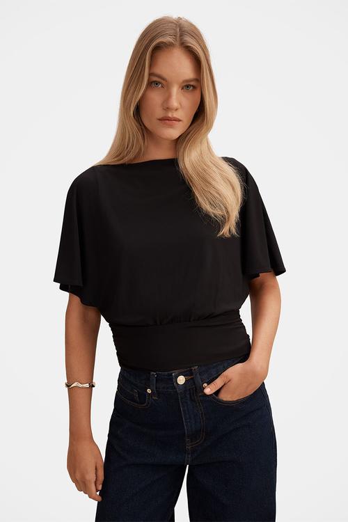 Piper cinched flutter sleeve top in black