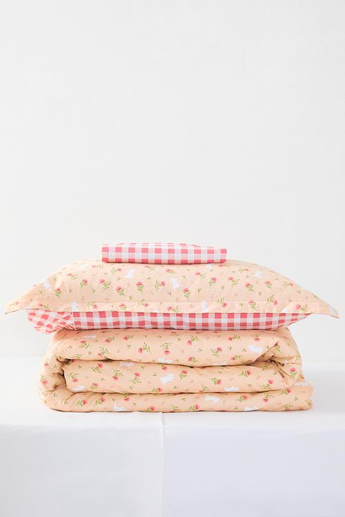 200TC floral aop duvet cover set - peach/pink gingham