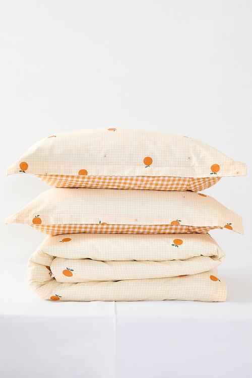 196TC orange aop duvet cover set - pale peach/orange gingham