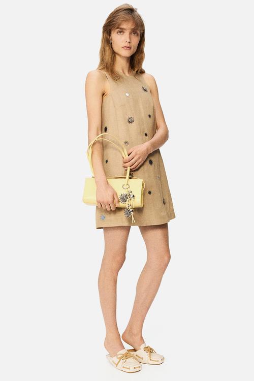H&M Studio: Embellished a-line dress - beige/sunflowers