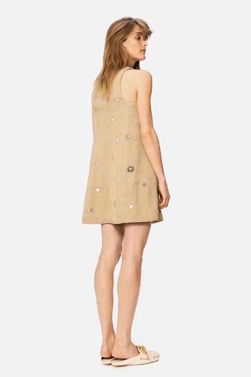 H&M Studio: Embellished a-line dress - beige/sunflowers