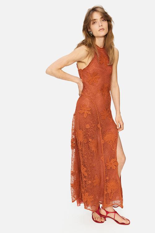 H&M Studio: Ruffled crochet-look dress - orange/sunflowers