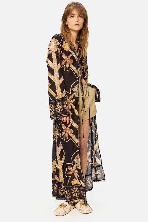 H&M Studio: Floral-print tie-detail kaftan dress - black/floral