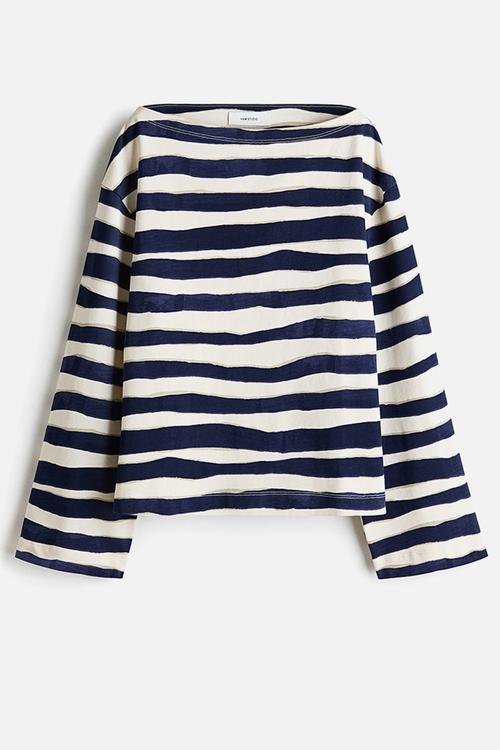 H&M Studio: Cut-out cotton top - cream/navy blue striped