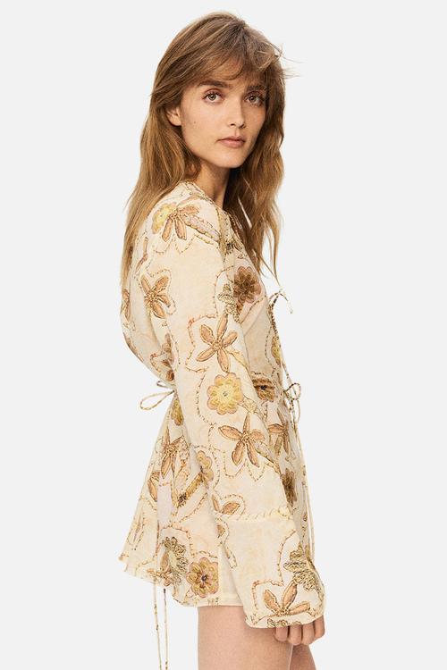 H&M Studio: Floral-print tie-front blouse - cream/floral