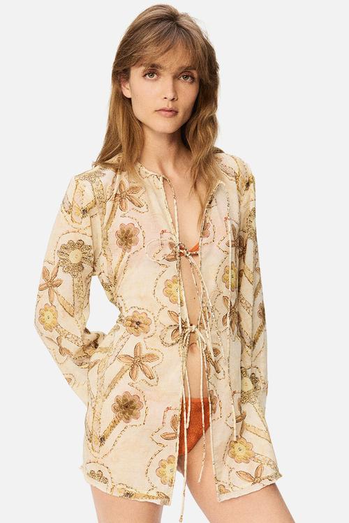 H&M Studio: Floral-print tie-front blouse - cream/floral