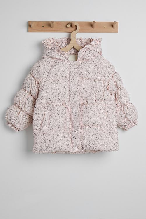 Ditsy floral hooded puffer jacket with faux fur lining - pearl pink