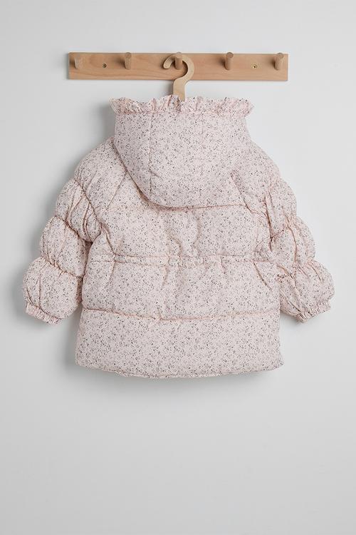 Ditsy floral hooded puffer jacket with faux fur lining - pearl pink