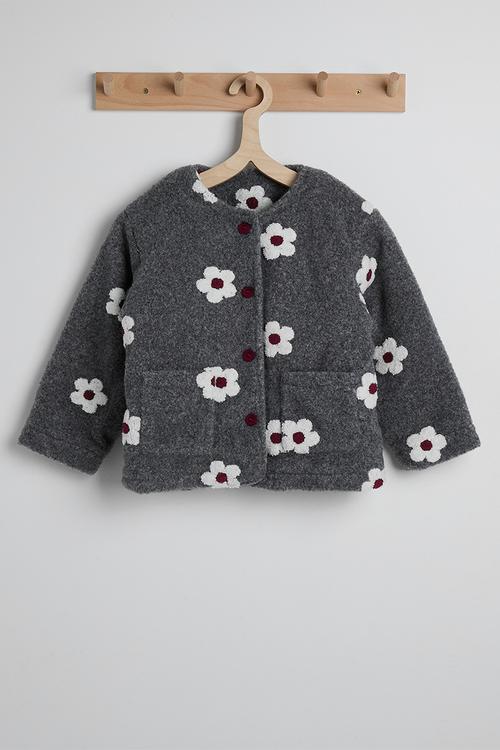 Boiled teddy collarless jacket - grey/flower aop