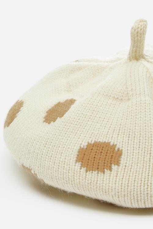 Knitted beret - cream/polka dots