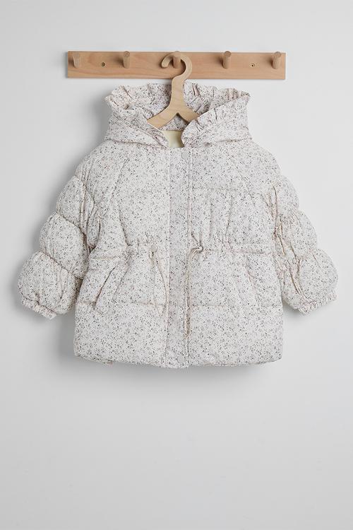 Ditsy floral hooded puffer jacket with faux fur lining - off white