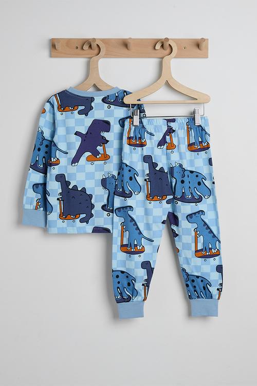 Printed checker board pj set - blue/skater dino multi